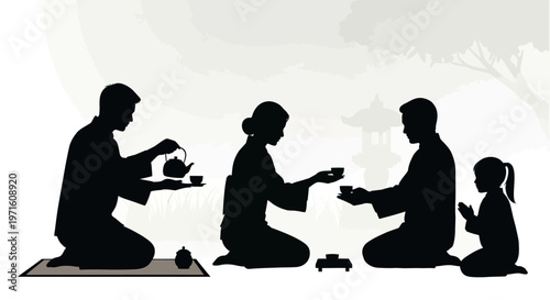 Family enjoying traditional tea ceremony together.