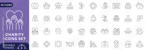 Charity line icons set editable stroke outline donation support humanitarian healthcare volunteer community help symbols nonprofit social care UI UX web vector icon pack collection