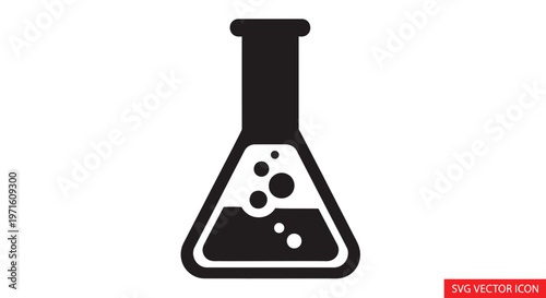 Black and white icon of a laboratory flask with bubbling liquid