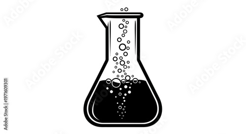 Black and white illustration of a bubbling Erlenmeyer flask with dark liquid and bubbles
