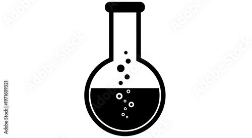 Black and white illustration of a laboratory flask with bubbling liquid.