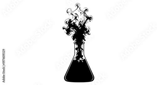 Black Ink Cloud Exploding From Erlenmeyer Flask - Abstract Science Concept
