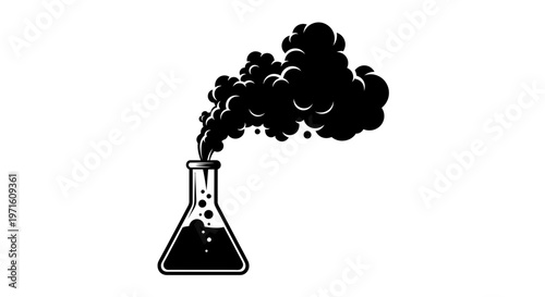 Black smoke billowing from laboratory flask on white background