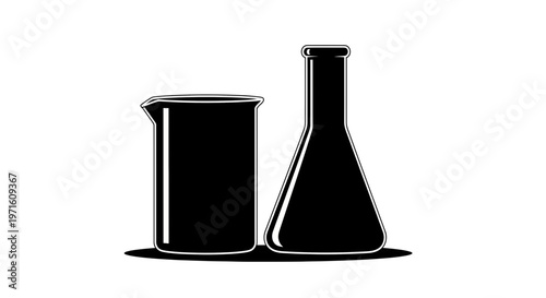 Black silhouette of laboratory beakers and flasks on white background