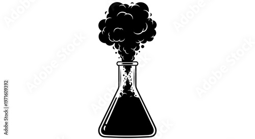 Black smoke emerging from a laboratory flask, representing chemical reaction or dangerous experiment.