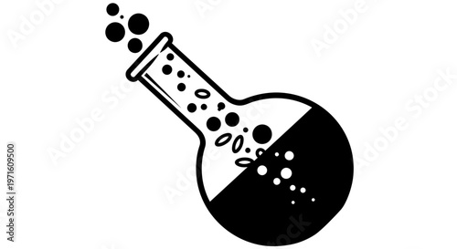 Bubbling Flask with Liquid, Science Experiment, Chemistry Lab Icon, Black and White