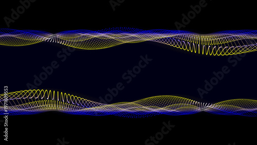 Symmetrical horizontal waves of blue and yellow particles framing the center in a 3D render