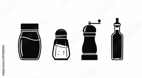 Kitchen Seasoning Condiment Icon Set, Black and White Vector Isolated on White