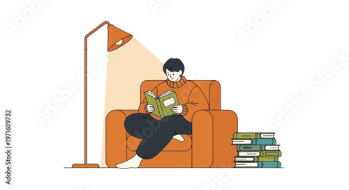Person sitting on orange couch reading book with floor lamp and stack of books