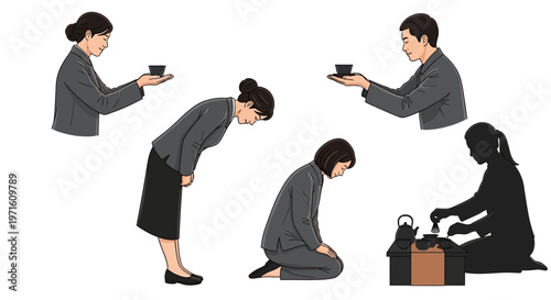 Illustration of people performing tea ceremony etiquette.