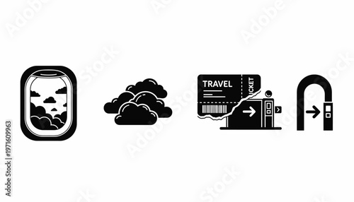 Travel Icons Set with Airplane Window, Clouds, Ticket and and Gate, Black and White Vector Isolated on White