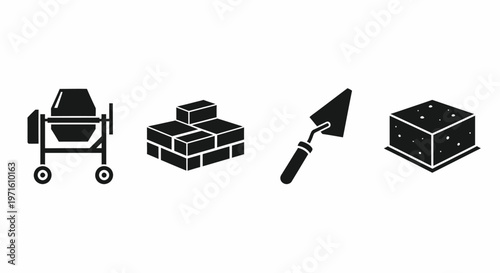 Construction Tools and Materials Black Silhouette Icon Set