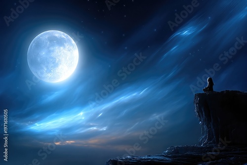 Person Sits on Cliff During Cosmic Meditation Under Bright Moon at Night