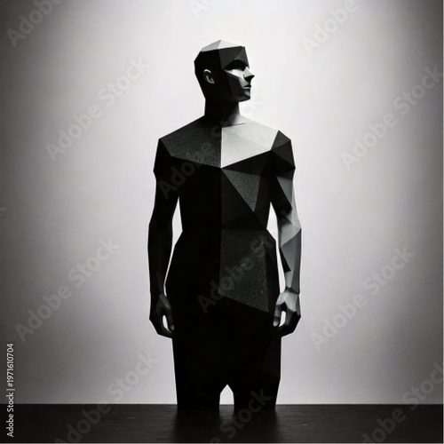 Geometric Man Sculpture Illuminated by Dramatic Spotlight.
