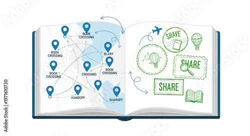 Flat illustration of an open book with travel map and share icons on white background