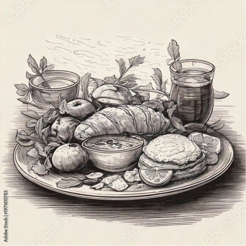 A detailed sketch of a breakfast spread with pastries and fruit.