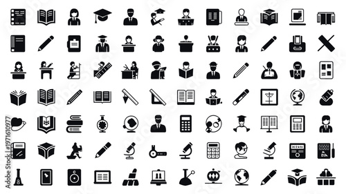 Set of 100 Education Icons Vector Glyph Flat