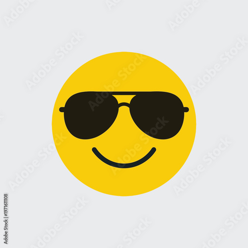 Bright yellow smiley face with black sunglasses, exuding happiness and cool vibes on a light background