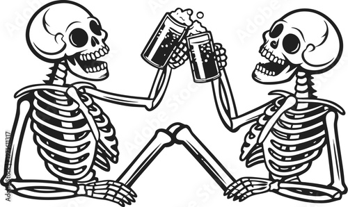 Skeleton friends drinking beer vintage engraving. A highly detailed black and white vintage vector illustration of two cheerful skeletons sitting side by side, smiling and holding drinks. vector illus