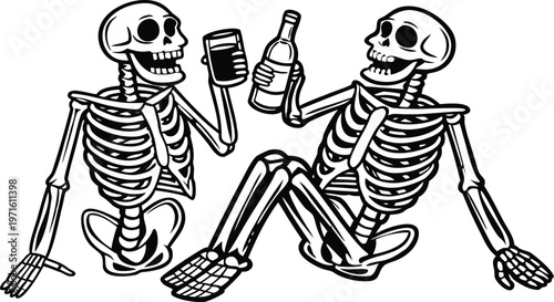 Skeleton friends drinking beer vintage engraving. A highly detailed black and white vintage vector illustration of two cheerful skeletons sitting side by side, smiling and holding drinks. vector illus