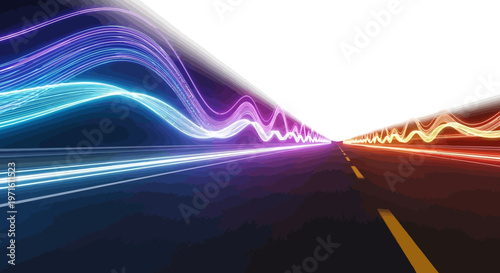 A brightly colored abstract road stretches toward a radiant white light