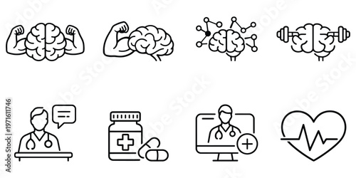 Healthcare Brain Fitness Line Icons Set Medical, Telemedicine, Doctor, Intelligence, Wellness, Heartbeat, Pharmacy Vector Outline Pack