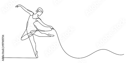 A single continuous line drawing of a graceful ballerina performing a dance on a white background