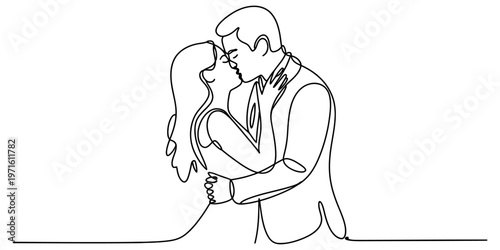 A beautiful continuous line drawing featuring a romantic couple sharing a passionate tender kiss.