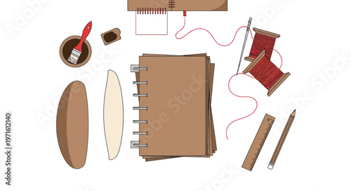 Flat illustration of a book making process with craft tools and materials