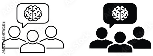 Group of people with brain speech bubble for brainstorming and collective intelligence, team collaboration idea sharing icons, creative thinking and discussion concept symbols, group intelligence and 