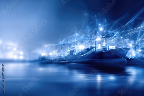 Future of Global Trade in Dark Blue With Container Ship and Technology Connections