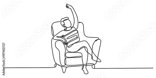A single continuous line drawing of a person relaxing and stretching while sitting in an armchair