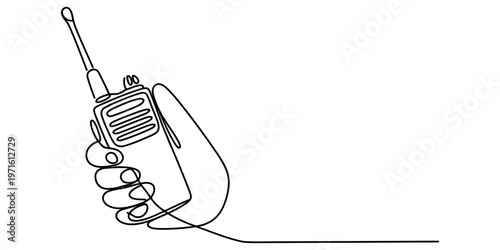 Continuous line drawing of a human hand holding a walkie talkie radio for wireless communication