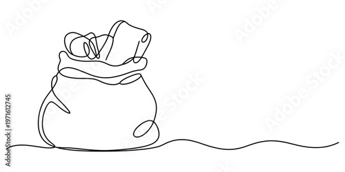 A single continuous line drawing of a sack or bag filled with various items on a white background