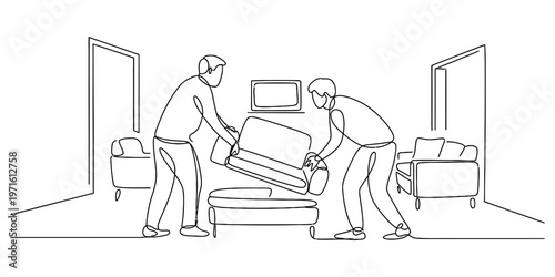A single continuous line drawing of two people moving a couch inside a furnished living room space