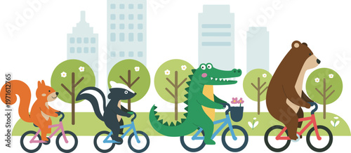 Cute animal cycling in city park flat cartoon vector illustration for kids design
