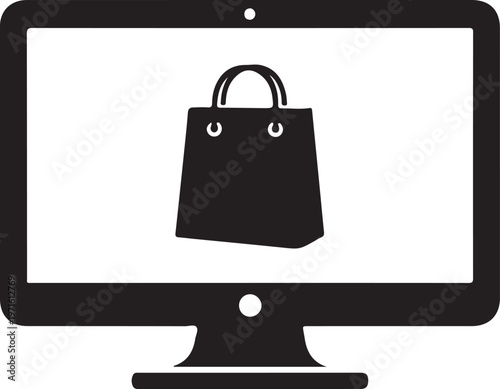 Computer monitor displaying a shopping bag icon on its screen isolated on transparent background, Vector