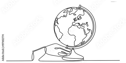 Continuous single line drawing of a human hand holding and turning a rotating desktop globe model