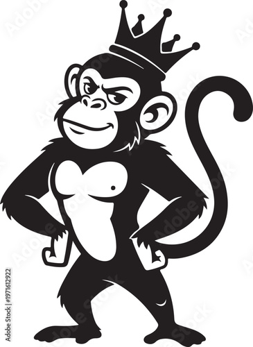 A regal monkey standing confidently with a crown on its head isolated on transparent background, Vector