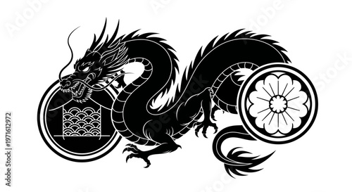A black dragon with a flower design.