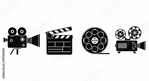 Cinema Icons Film Camera Clapperboard Reel Projector Black Silhouettes Isolated on White