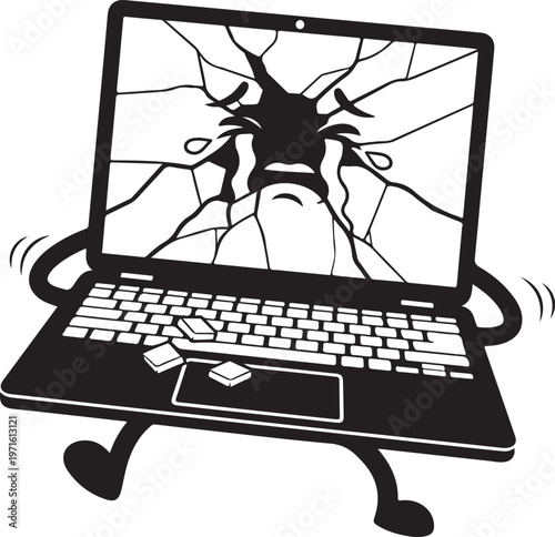 Anthropomorphized laptop displaying a shattered screen with spiderweb cracks isolated on transparent background, Vector