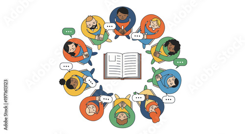 Diverse group of people discussing book in circle colorful flat illustration for teamwork and education concepts