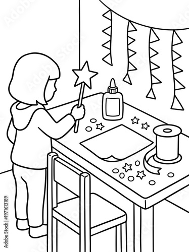 Craft table coloring page with child making star wand, glue, ribbon and garland in simple outline style.