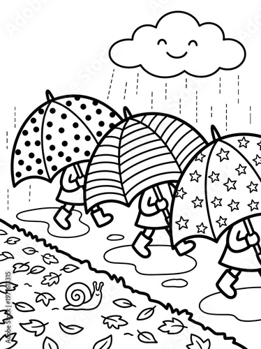 Rainy day coloring page with children under patterned umbrellas, smiling cloud, puddles and leaves in cute outline style.