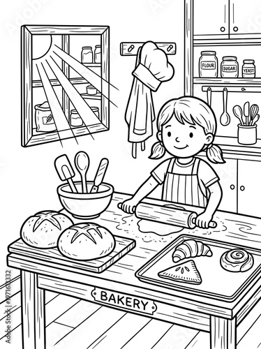 Bakery kitchen coloring page with girl rolling dough, bread, pastries and baking tools in cute outline style.