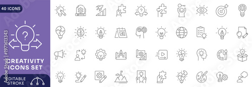 Creativity line editable icon set. Containing Creative, design, imagination, idea, innovation, originality Etc. Editable stroke.