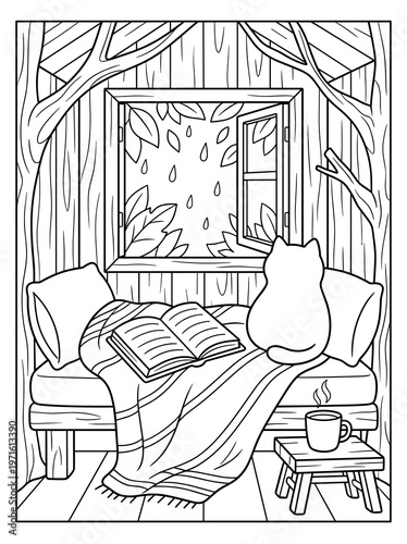 Cozy reading nook coloring page with cat, open book, hot drink and rainy window in cabin outline style.