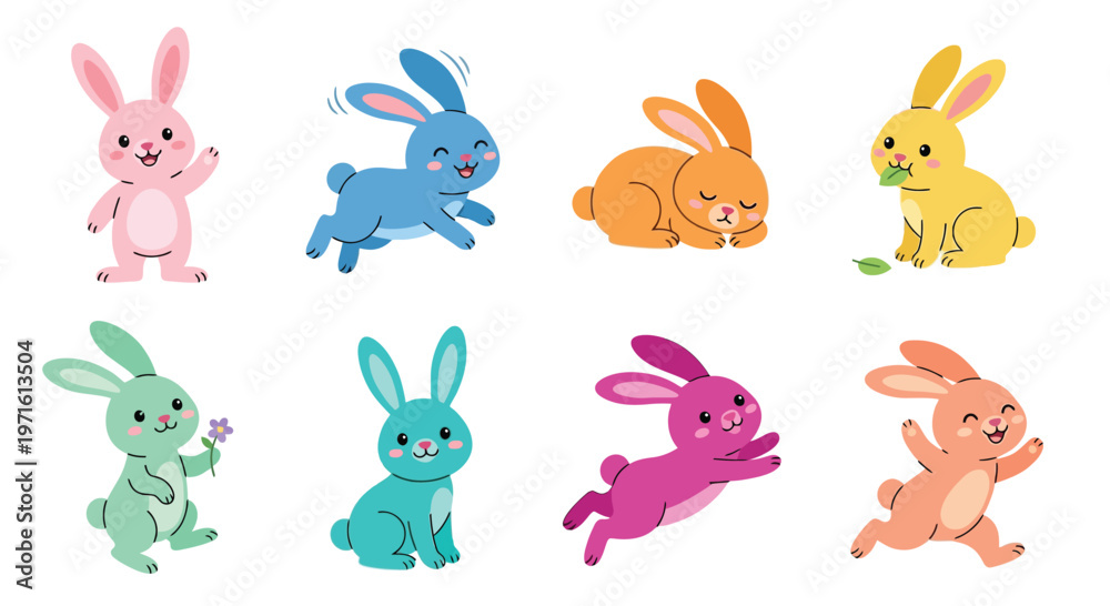 Fototapeta premium Colorful cartoon rabbits in various poses and shades displayed on a white background