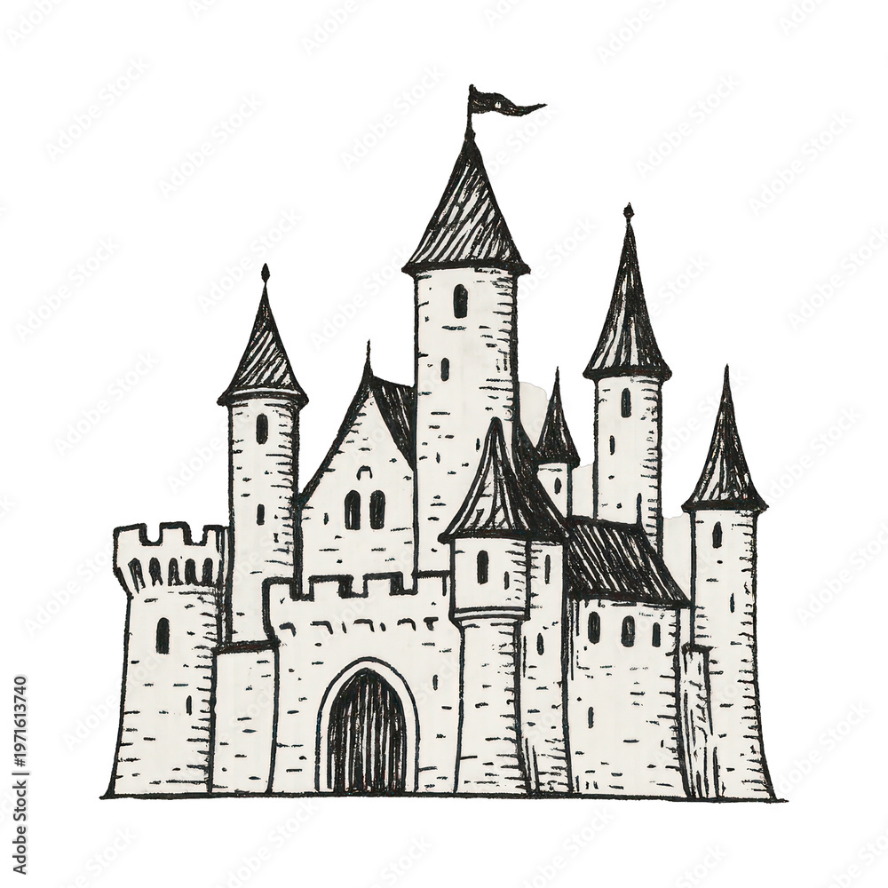 Fototapeta premium PNG Medieval castle sketch illustration.